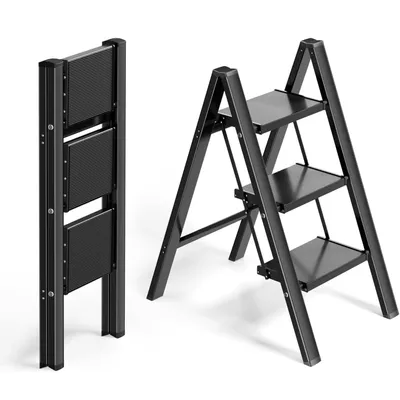 Zdjęcie produktu dla Drabina domowa - Drabina kuchenna - 3 stopnie - Drabina aluminiowa - Stopień antypoślizgowy - Lekka - Udźwig 150 kg - Czarna