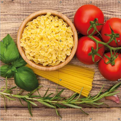 Produktbild von Wallario Outdoor-Poster für Garten oder Balkon, Motiv Spaghetti mit Tomaten, Knoblauch und Basilikum, in ca. 180 x 180 cm