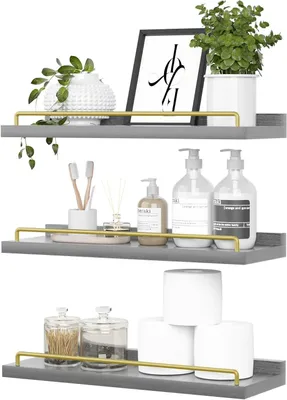 Productafbeelding van Zwevende Planken voor Wanddecoratie - Set van 3 Grijs en Goud