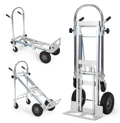 Immagine prodotto di Carrello trasportatore in alluminio - 3 in 1: piattaforma pieghevole, carrello a sacco, maniglia telescopica - 4 ruote - Portata fino a 450 kg - Ideale per magazzini e giardini - Colore: argento