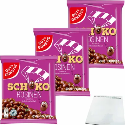 Produktbild von Gut & Günstig Schoko-Rosinen Rosinen in Vollmilchschokolade 3er Pack (3x200g Packung) + usy Block