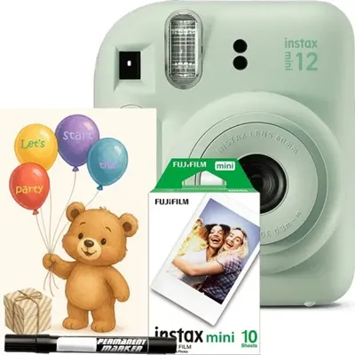 Image de Fujifilm Instax Mini 12 Party Pack Appareil photo instantané Vert - Kit événement comprenant 10 films, une carte de vœux & un stylo feutre