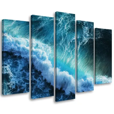 Produktbild von 5-teiliges leinwandbild wellen blau 200x100 cm Feeby gelb wandbild bereit zum aufhängen