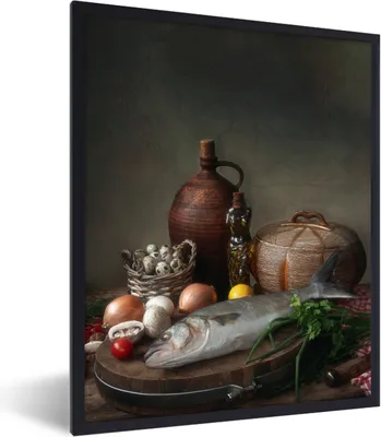 Produktbild von MuchoWow® Gerahmtes Poster Rustikal - Fisch - Stilleben - Gemüse - Kräuter 30x40 cm - Poster mit Schwarzem Bilderrahmen Wandposter Rahmen Foto Bilder - Wanddeko - Kunstdrucke