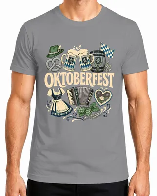 Immagine prodotto di , Wiesn, boccale, abito tradizionale (Dirndl), pretzel, maglietta con motivi tradizionali, pantaloni in pelle, maglietta da uomo, grigio, taglia 3XL