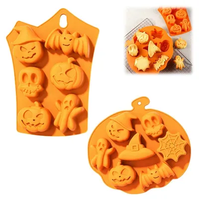 Immagine prodotto di 2 stampi in silicone a tema Halloween, ideali per cioccolato, cupcake, biscotti, e per la creazione di caramelle, gelatine e decorazioni per torte, perfetti per progetti fai-da-te