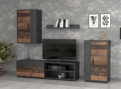 Image de Ensemble mural Berno 204 cm – Style industriel, meuble TV, éléments suspendus, étagère murale, Matera, bois foncé, salon, minimaliste, moderne