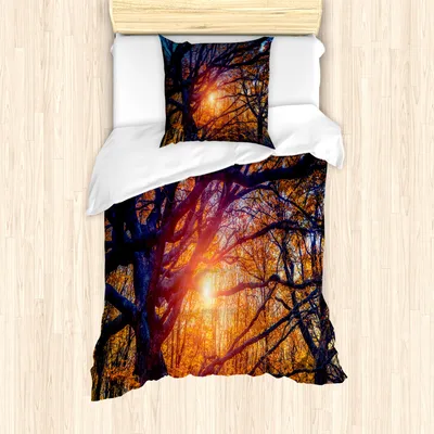 Produktbild von ABAKUHAUS Herbst Bettbezug Set für Einzelbetten, Majestätische Bäume Woods, Milbensicher Allergiker geeignet mit Kissenbezug, Orange Blau Schwarz