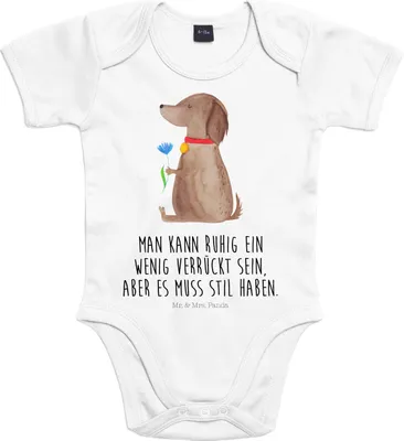 Produktbild von Mr. & Mrs. Panda Babybody Hund Blume 12. - 18. Monat - Heather Grey - Geschenk, Haha, Stil, strampelanzug, Strampler, overall baby, babykleidung body, Hunde, Süß, Sprüche