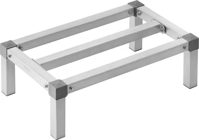 A product shot of an aluminum shelving unit on a white background.
