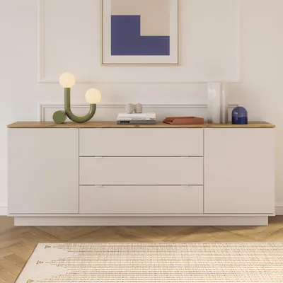 Produktbild von Forte GANYMEDE Sideboard 230, minimalistisches Sideboard, 2-türig, 3 Schubladen, Holzwerkstoff, Wohn-/Schlafzimmer, Mauvella Eiche Holzdekor|Kaschmirbeige, 224,5 cm breit x 85,7 cm hoch x 41,3 cm tief