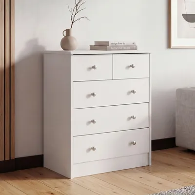 Produktbild von FineBuy Design Holz-Kommode Weiß 60 x 70 x 35 cm mit 5 Schubladen Mehrzweckanrichte flach für Flur Modernes Sideboard zeitlose Anrichte