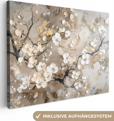 Zdjęcie produktu dla MuchoWow® - Obraz na płótnie - Kwiaty - Biały - Złoty - Beżowy -  obraz na ścianę, obrazy dekoracyjne do salonu, 120x90cm