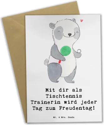 Produktbild von Mr. & Mrs. Panda Glückwunschkarte Tischtennis Trainerin Freudentag - Weiß - Geschenk, osterkarte, Klappkarte, weihnachtskarten, Trainingseinheiten, Grußkarten, Sportart