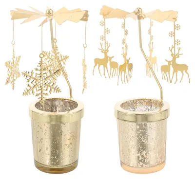 Produktbild von Teelicht Karussell 2 Stück Gold Rotierender Kerzenhalter Metall Rentier Schneeflocken Anhänger Tischdeko Votiv Advent Deko