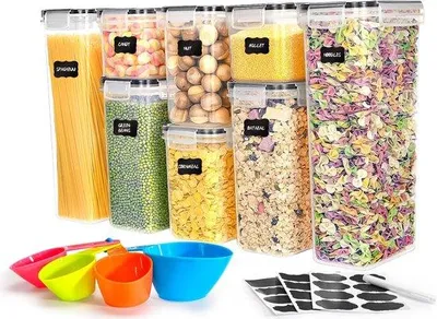 Image de Boîte de rangement en plastique, lot de 8, hermétique, pour la cuisine, le rangement et l'organisation de la farine, du sucre, des céréales, des pâtes, des cornflakes, lavable en machine