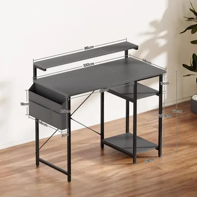Produktbild von Schreibtisch Computertisch - 100x50 cm - Mit LED Beleuchtung - Monitorablage - 2 Ablagen - Aufbewahrungstasche - Grau