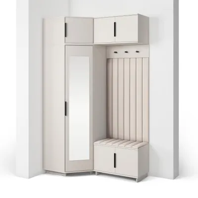 Produktbild von Garderoben-Set Napoli Version 23: Eckschrank mit Polsterpaneelen, Schuhschrank und Schrankaufsatz Flur und Eingangsbereich (Cashmere/Trinity 01)