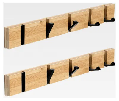 Produktbild von 2 Stück Wandgarderobenhaken aus Holz, Garderobenleiste mit 5 faltbaren Kleiderhaken für Jacken, Hüte und Handtaschen (42 cm)