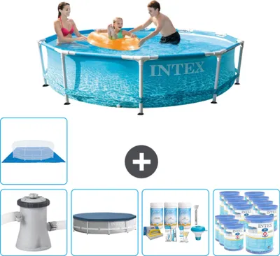 Produktbild von Intex Rundrahmen-Schwimmbecken – 305 x 76 cm – Wasserdruck – inklusive Pumpe Abdeckung - Wartungspaket - Filter - Bodenplane