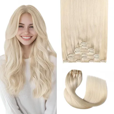 Image de Extensions à clipser, cheveux naturels, 120g, 7 pièces, couleur #60 (blond platine), qualité Remy, longueur 35 cm
