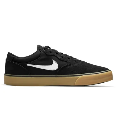 A side view of a black Nike SB Chron 2 sneaker with a white swoosh logo and a gum sole, isolated on a white background.