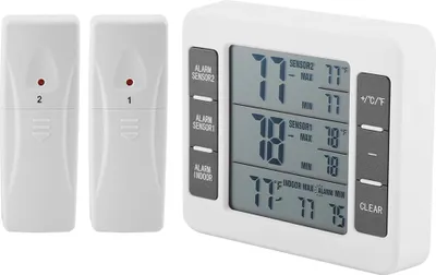 A white digital thermometer with two remote sensors, displayed on a white background.