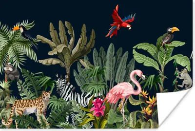 Produktbild von MuchoWow® Poster Dschungel - Pflanzen - Tiere - Kinder - Flamingo - Zebra 120x80 cm - Bilder
