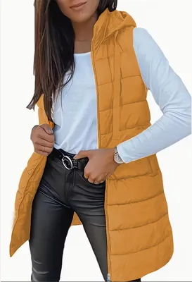Image de ASKSA Femme Gilet matelassé long sans manches avec capuche Gilet chaud léger Veste d'hiver casual Manteau matelassé unicolore Gilets de sport d'hiver (Jaune,XXL)