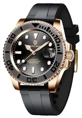 Image de Montre pour homme Pagani Design Yachmaster, mouvement mécanique, bracelet en silicone, noire et dorée