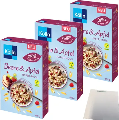 Produktbild von Kölln Müsli Beere-Apfel-Hafer ohne Zuckerzusatz 3er Pack (3x400g Packung) + usy Block