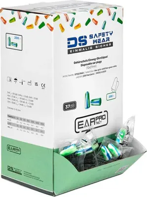 Produktbild von 200 Paar Ohrstöpsel in Spenderbox Gehörschutz Ohrschutz Einweg einzeln abgepackt blau/weiss/grün EarProtect
