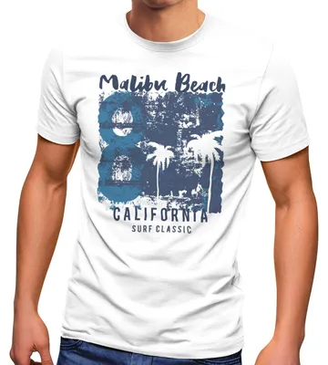 Produktbild von Herren T-Shirt Aufdruck Malibu Beach California Surf Classic Sonne Sommer Palmen Vintage Fashion Streetstyle Neverless® weiß L