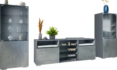 Produktbild von Vladon Wohnwand Granada, Anbauwand bestehend aus 2 Vitrinen und 1 TV-Board, Anthrazit matt/Beton Dunkel Optik (286 x 122,5 x 35 cm)