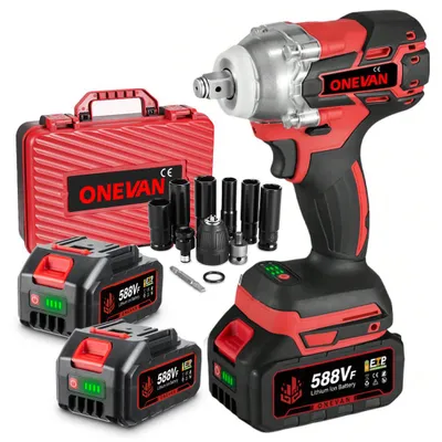 A cordless impact wrench kit with accessories and batteries, presented on a white background.