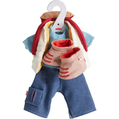 Produktbild von Haba Kleiderset Wanderlust für 30 cm Puppen, 5-teilig, Gelb, Blau, Rot, mit Wendeweste (2 Looks) und Rucksack mit Geheimfach, für Outdoor-Abenteuer, ab 18 Monate, 20x10x1 cm, fördert Feinmotorik und kreatives Spiel