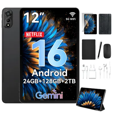 Image de Tablette Nexall N90 Android 16, 12 pouces, écran FHD InCell 120 Hz, 24 Go (8 + 16) de RAM + 128 Go de ROM (carte TF jusqu'à 2 To), 5G/Wi-Fi/4G (carte SIM), batterie 9 000 mAh/18 W, Gemini AI, avec stylet/clavier/souris