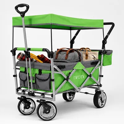 Produktbild von IMLEX Bollerwagen faltbar mit Dach IM-4268 Grün | Hohe Stabilität, 1X 3-Punkt Gurtsystem | Handwagen klappbar mit Schiebegriff ideal für 2 Kinder