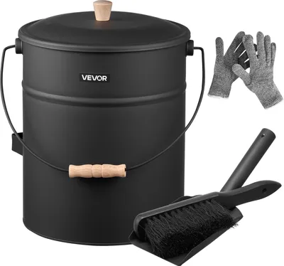 Obrázok produktu pre VEVOR vedro na popol s vekom, 4-dielna súprava, vrátane lopaty na uhlie, metly a rukavíc, kovové krbové vedro na uhlie a plechovka na popol, objem 15 litrov pre krby, kozuby, krbové kachle