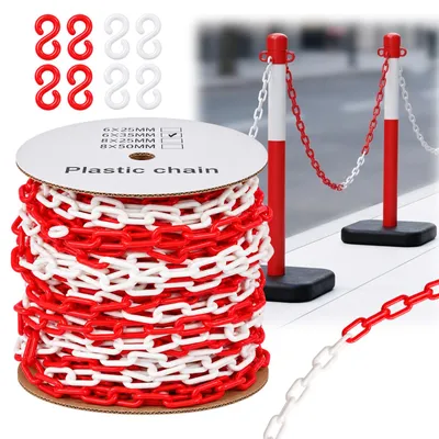 Produktbild von Absperrkette Rot Weiß aus Kunststoff (50m, 6mm) – Wetterfeste Kunststoffkette Warnkette, Sicherheitsabsperrung für Parkplatz, Baustelle & Absicherung