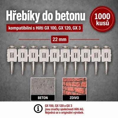 Zdjęcie produktu dla Gwoździe betonowe o długości 22 mm, 1000 sztuk, przeznaczone do gwoździarki gazowej Hilti GX 100, GX 120, GX 3