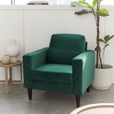 sweeek - Vintage-Sessel mit Samt und Füßen aus Hevea-Holz - Grün