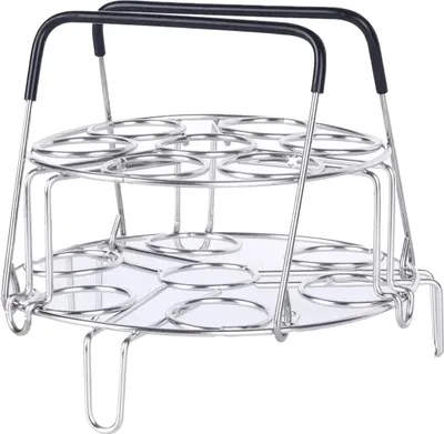 A stainless steel multi-tier egg steamer rack with black handles, shown against a white background.
