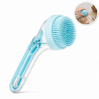 Immagine prodotto di Spazzola Massaggiante per Bagno Cani e Gatti con Dispenser Shampoo, Blu, Immagine generata dall'IA