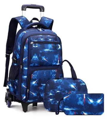 Image de Sac à dos scolaire à roulettes, ensemble 3 pièces comprenant une trousse de déjeuner et une trousse à crayons, couleur bleu galaxie