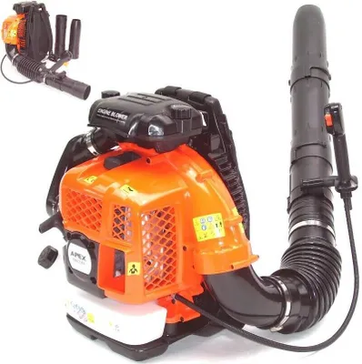 A backpack leaf blower is shown against a white background. A smaller image of the same leaf blower is in the top left corner.