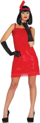 A woman modeling a red sequined flapper dress.