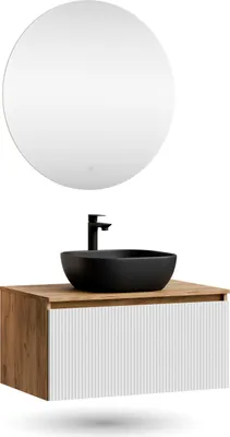 Produktbild von Planetmöbel ARISA Badmöbel Set Weiß Geriffelt – Mit Nova LED Spiegel und schwarzem Keramik-Aufsatzwaschbecken 42 cm