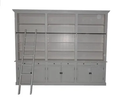 Obrázek produktu pro Knihovna ve venkovském stylu (š 300 x h 36 x v 240) s žebříkem (v 300 cm) bílá starožitný vzhled - shabby-chic knihovna, knihovna