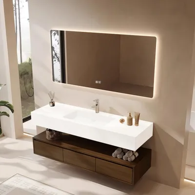Immagine prodotto di Lavabo integrato in Vetroceramica sinterizzata, lavabo da appoggio con foro per rubinetto, mobile da bagno con cassetto e specchio con illuminazione a LED 140×55 cm 【YBTC383-140】